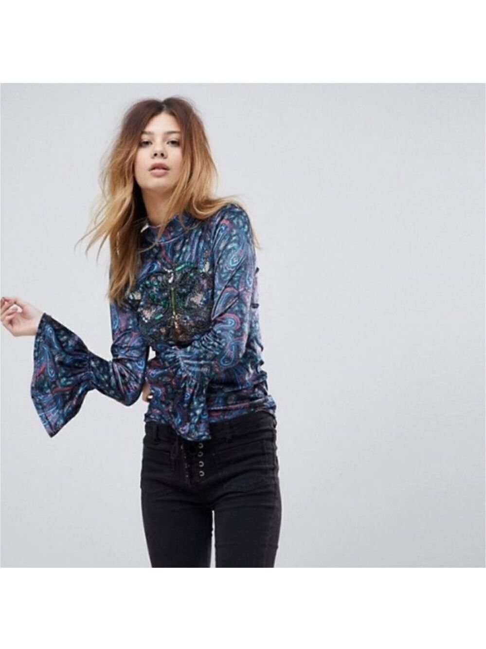 Free People L’Armour Paisley Sequin Velvet Bell Sleeve Mock Turtleneck Top